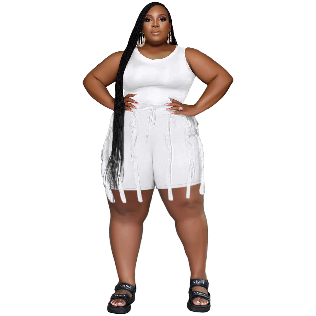 Plus Size kobiety modny dwuczęściowy zestaw body z dzianiny Top szorty z frędzlami casualowe w stylu Streetwear damski dres 2023 odzież wiosenna