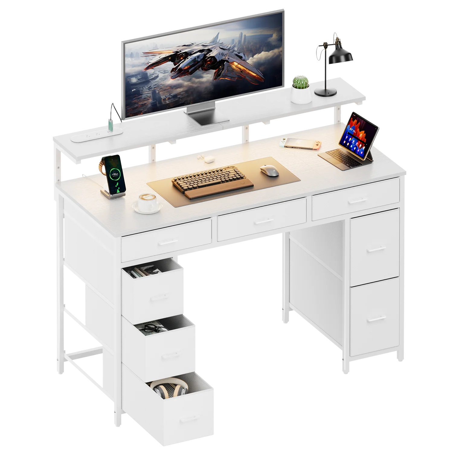 47Inch Computer Desk with Storage Drawers, Gaming Desk with LED Lighting and USB Ports, Home Office Desk with Monitor Stand, Suitable for Studies, Available in 4 Colours