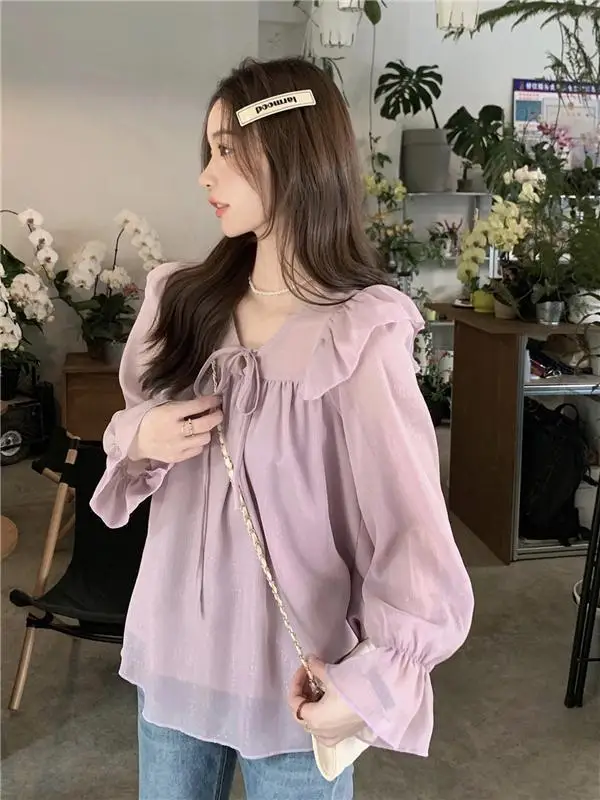 Sweet Chiffon Top Women\'s Ruffled Loose Lace Up Shirt V-neck Design Sense Niche Long Sleeved Shirt