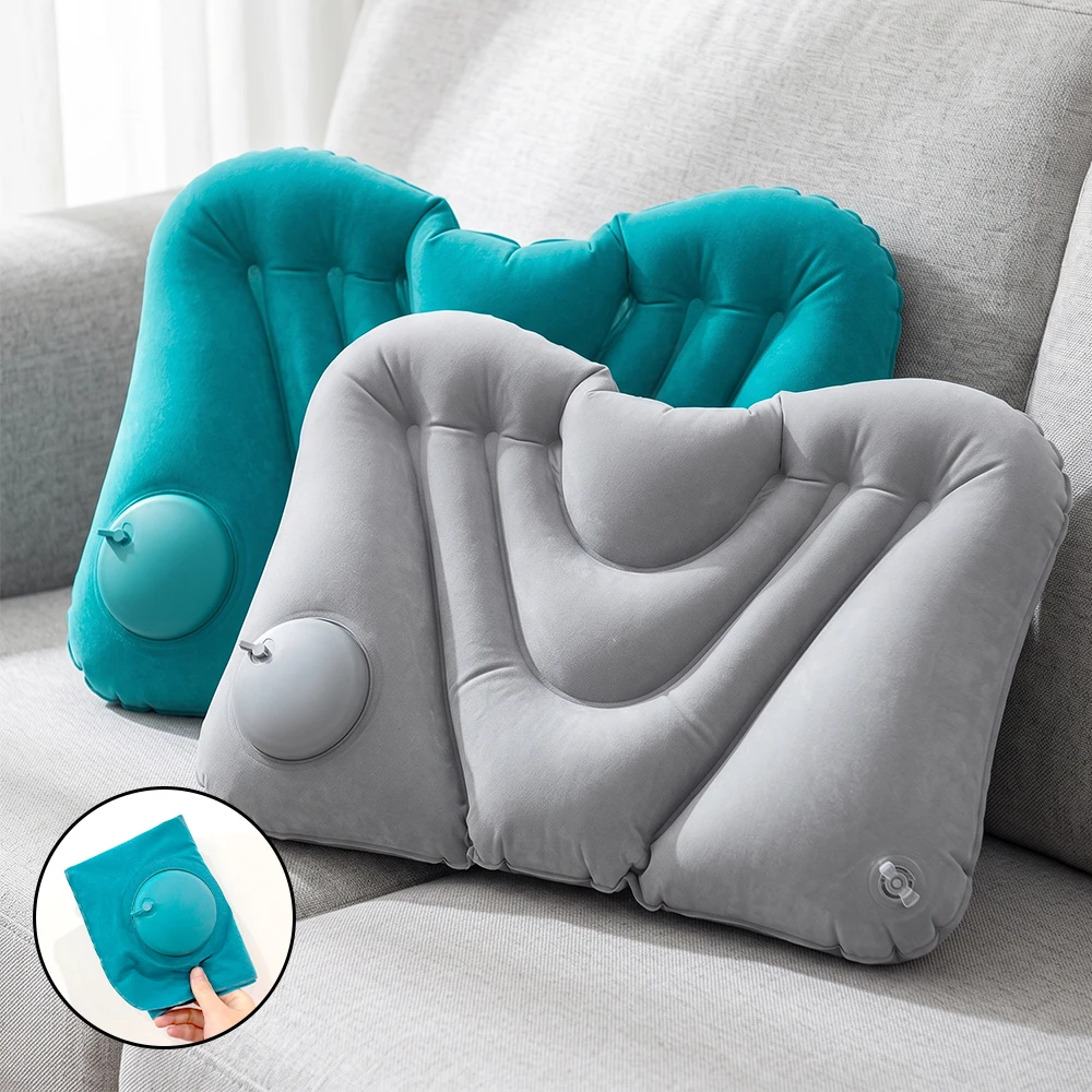 1pc Soft Flocked PVC Press Inflate Back Cushion, Ergonomic Inflatable Waist Support Pillow for Travel Driving Office Napping