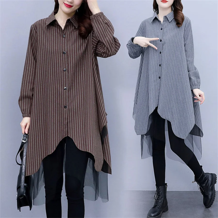 Women\'s Striped Shirts 2022 Elegant Asymmetrical Tops Casual Long Sleeve Blusas Female Button Patchwork Tunic Oversized