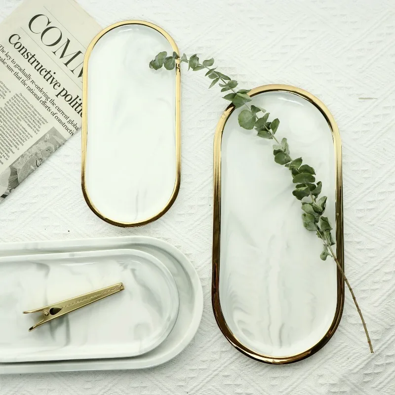 Nordic Marble Texture Tray Ceramic Oval Plate Western Dish Dessert Dish Jewelry Storage Tray