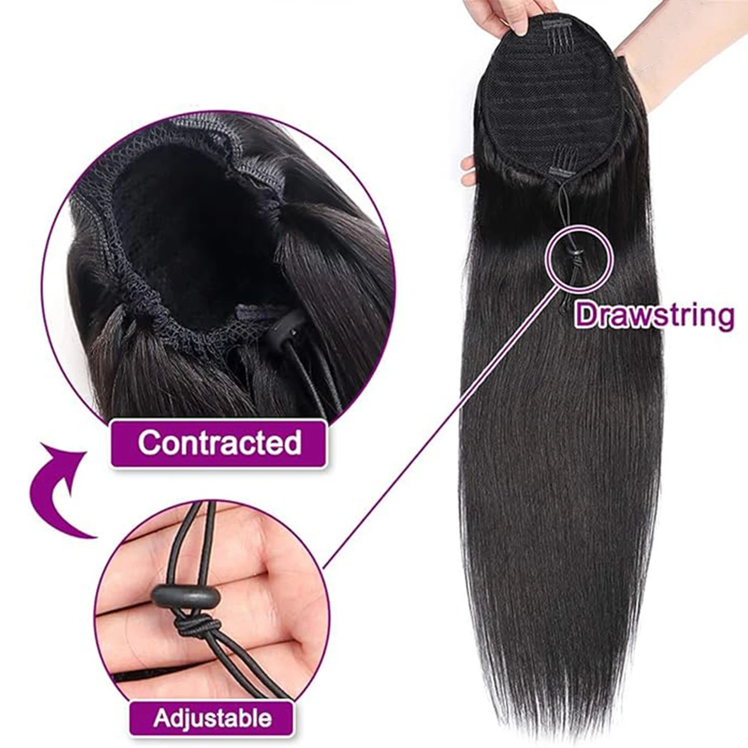 Coda di cavallo con coulisse per donna Coda di cavallo dritta Estensione dei capelli Coda di cavallo Clip in capelli umani Coda di cavallo Parrucchino Colore naturale