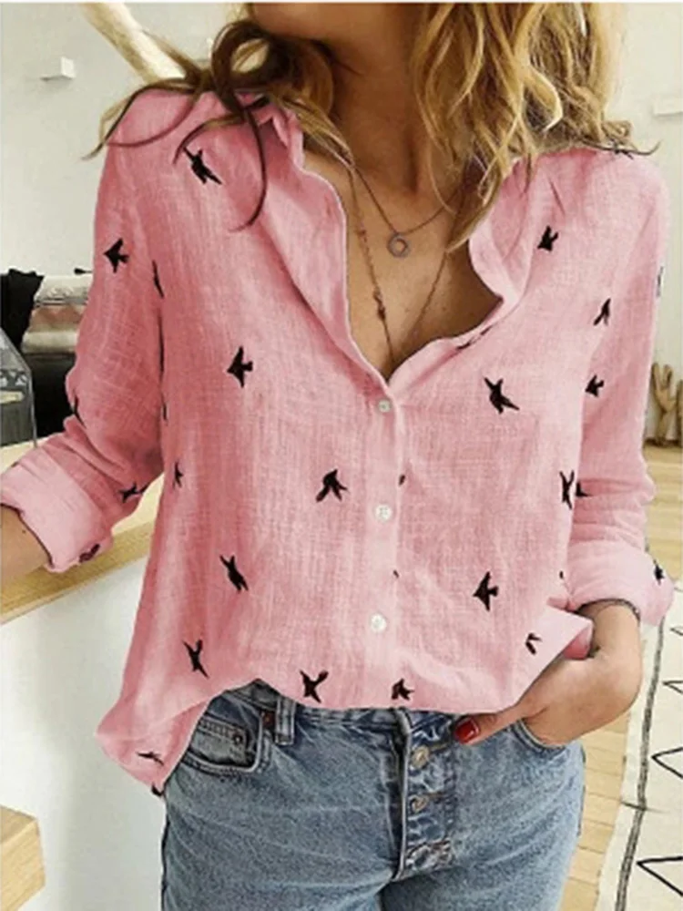 Elegant Cotton Linen Shirts Women Polka Dot Print Button Lapel Blouses Shirts Simple Commute Long Sleeve Loose Tops Tunic Blusas