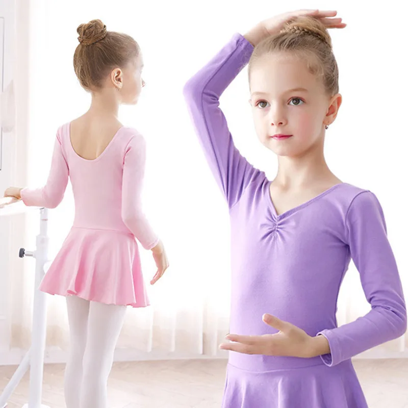 Collant curto de manga comprida para meninas, vestido de algodão para balé, roupa de bailarina, roupas de ginástica, princesa de U