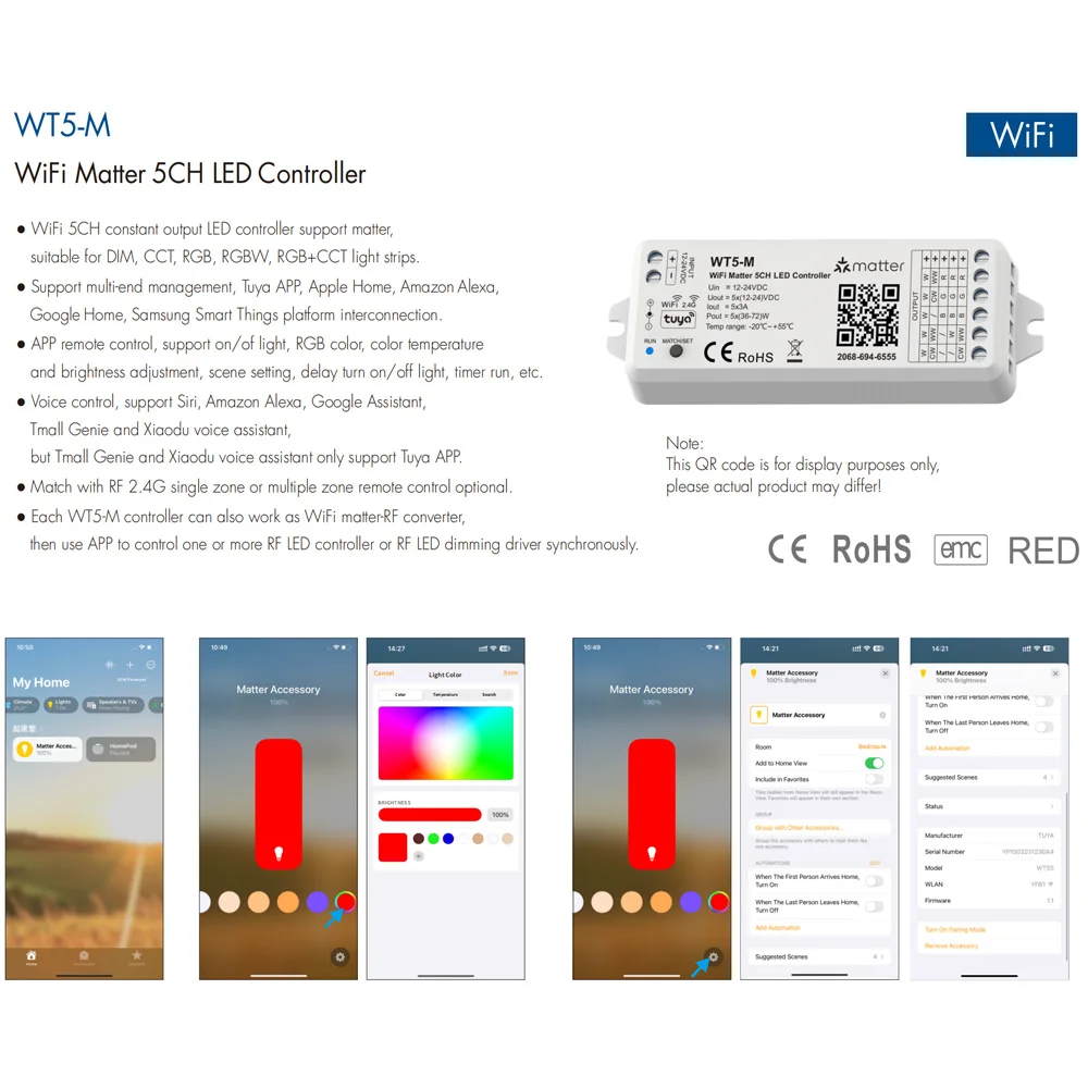 DC12V-24V Matter Wifi 5in1 LED Controller Dimmer 2.4G RF CCT/RGB/RGBW Wall Touch Panel Remote Home APP Tuya APP for Alexa Google