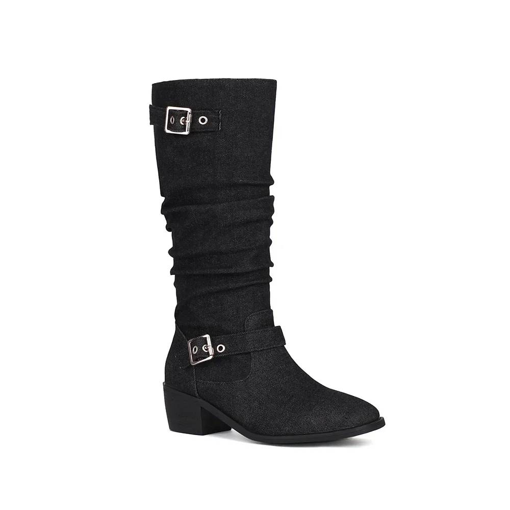  New Winter Comfortable Black Blue Women Mid Calf Boots Hot Med Square Heels Lady Shoes Plus Small Big Size 33 12 43 46 48