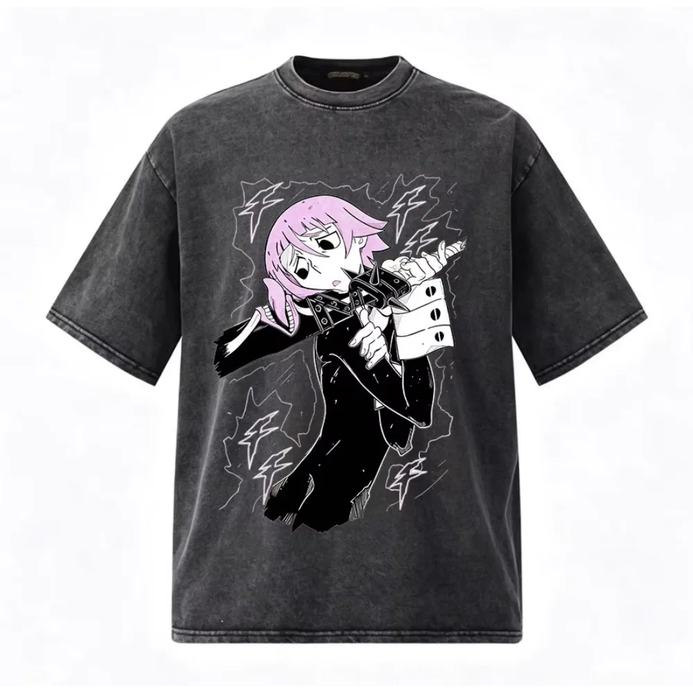Vintage Washed Anime Soul Eater Soul Evans Graphic T‑Shirt Unisex Men Women Harajuku Oversized Streetwear Cotton Tops