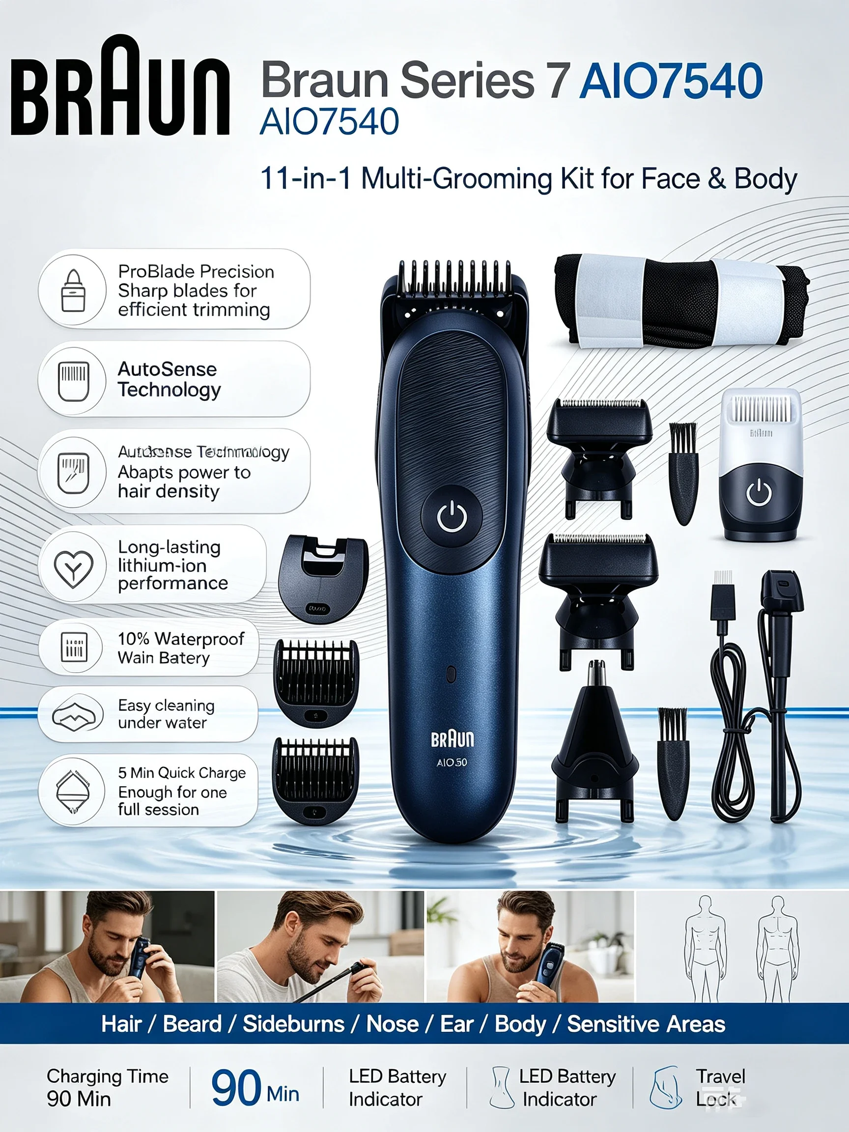 Braun Series 7 AIO7540 Multi-Grooming Kit 11 Functions Precision Trimmer Hair Density Detection Hair Beard Nose Ear Trimmer