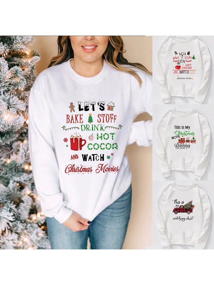 

2020 Merry Christmas Women White Sweatshirt Watching Movie Santa Xmas Harajuku Streetwear Kawaii Female Tops Fashion Pullovers