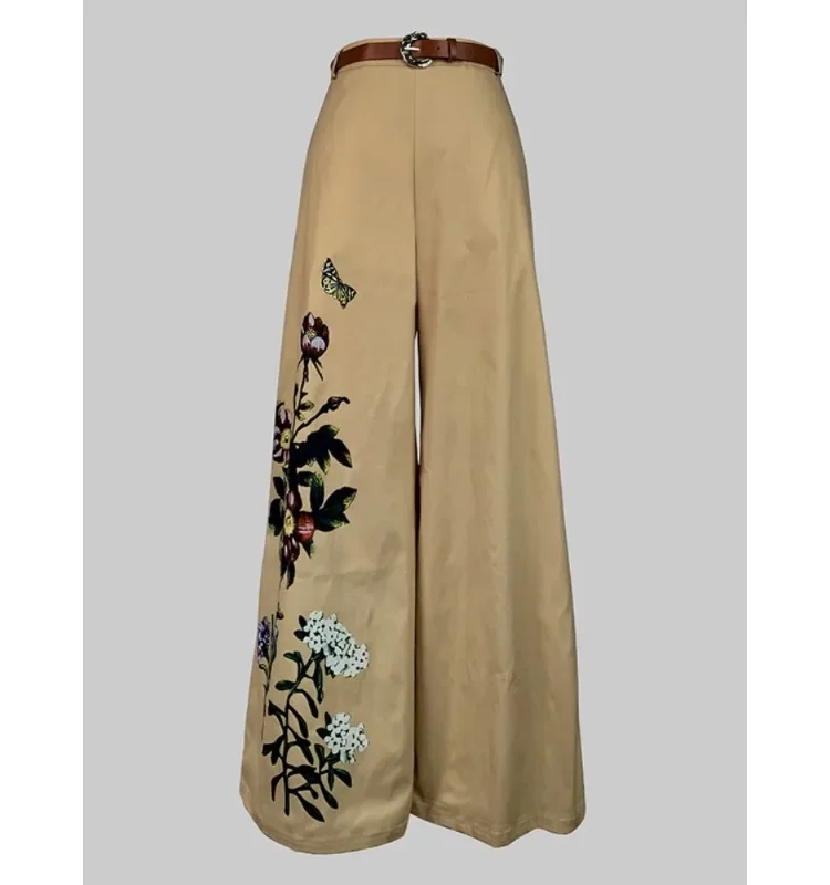 Modigirl Women\'s Wide Leg Pants With Belted 2025 Spring Summer Floral Printed Loose Vintage High Waisted Casual Trousers Woman