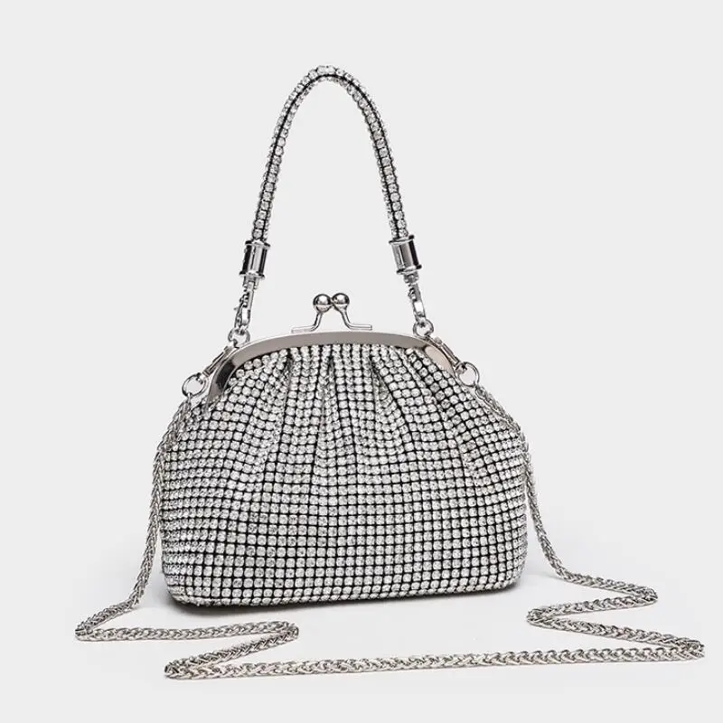 Bolsa feminina de noite incrustada de diamantes artesanal de alta qualidade, bolsa de concha de strass brilhante, bolsa crossbody de ombro único com corrente