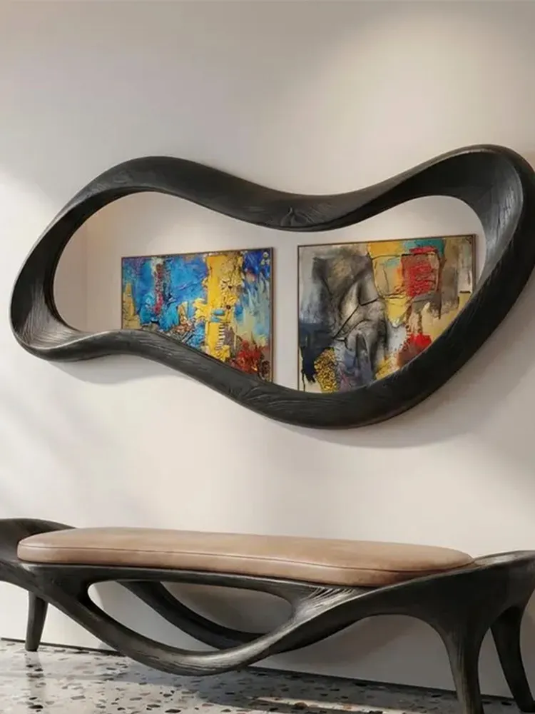 & French-style Light-Luxury Vintage Entryway Wall Mirror Irregular Artistic Shaped Alien Design Wood Material for Home Fireplace