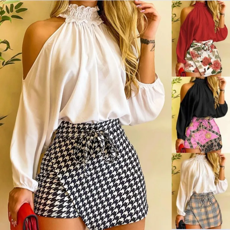 Conjunto de pantalones cortos de moda para mujer, Top de manga larga con hombros descubiertos, traje de 2 piezas con estampado de Leace-up