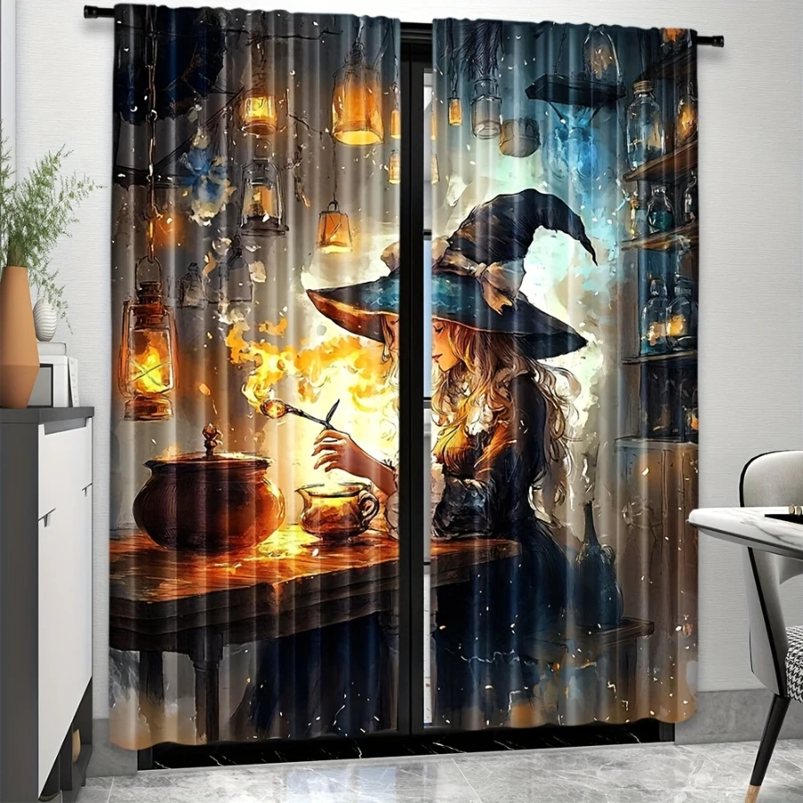 2PCS Digital Printed Curtains, Skull Skeleton Head Pattern, Thermal Style Rod Pocket Drapes for Bedroom Living Room Decor