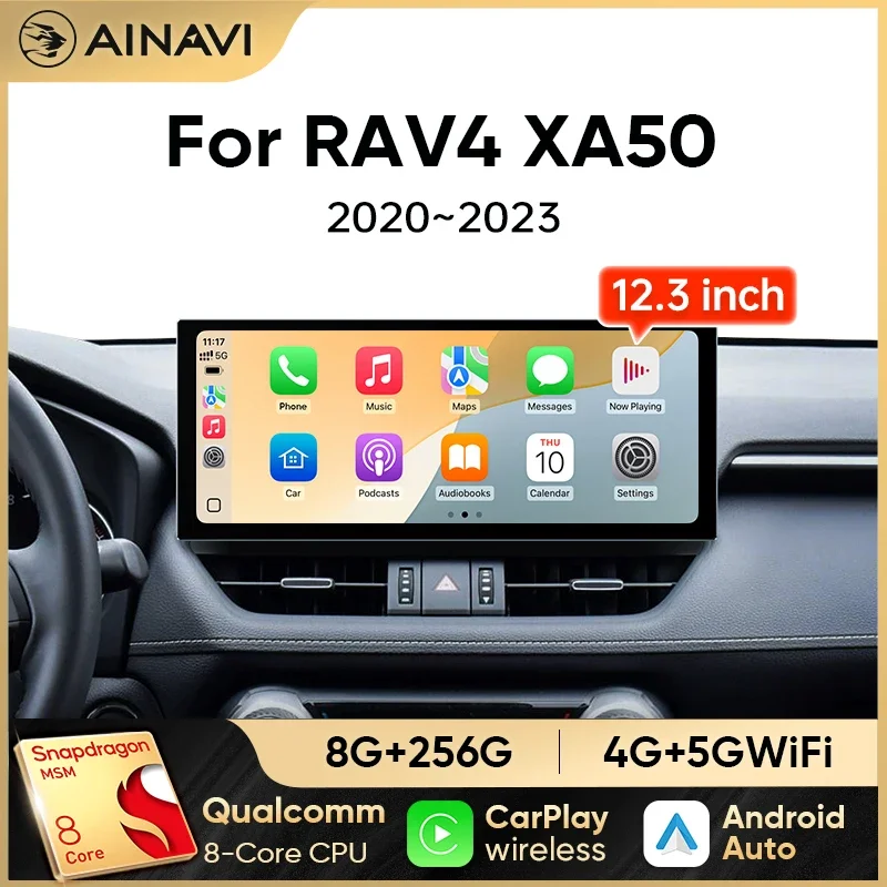 Ainavi 12,3 Zoll Autoradio für Toyota RAV4 2020 2021 2022 2023 XA50 Qualcomm Wireless Carplay Android Auto 4G Auto-Multimedia-Din