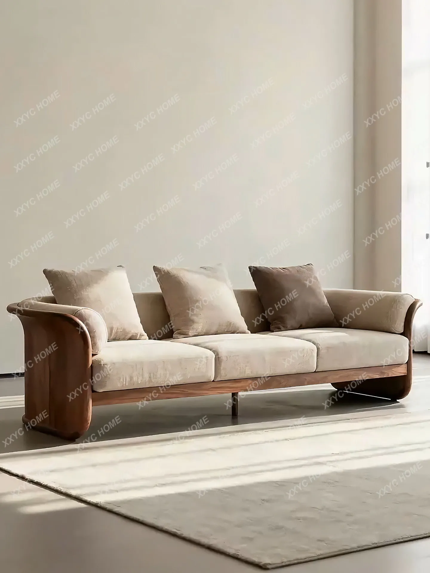 Minimalist North American black walnut straight row sofa living room solid wood fabric three-person sofa