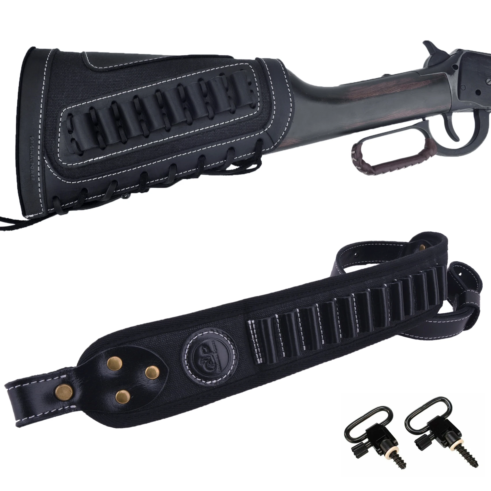 1 Set Leather Canvas Rifle Gun Buttstock Shell Holder with Matched Gun Sling with Swivels For .357 .30-30 .38 .32Win S