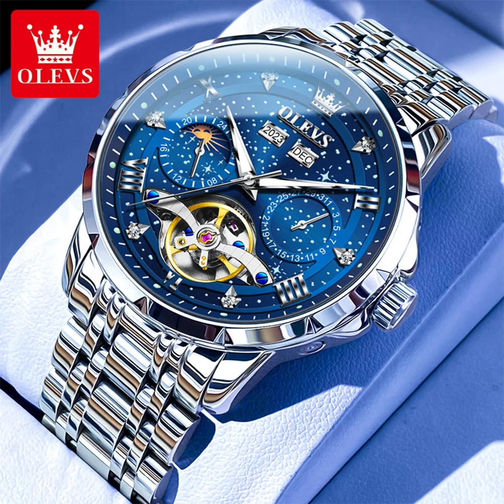 

OLEVS 6690 Автоматические механические мужские часы с циферблатом «Звездное небо», кожаный ремешок из нержавеющей стали, многофункциональные мужские часы