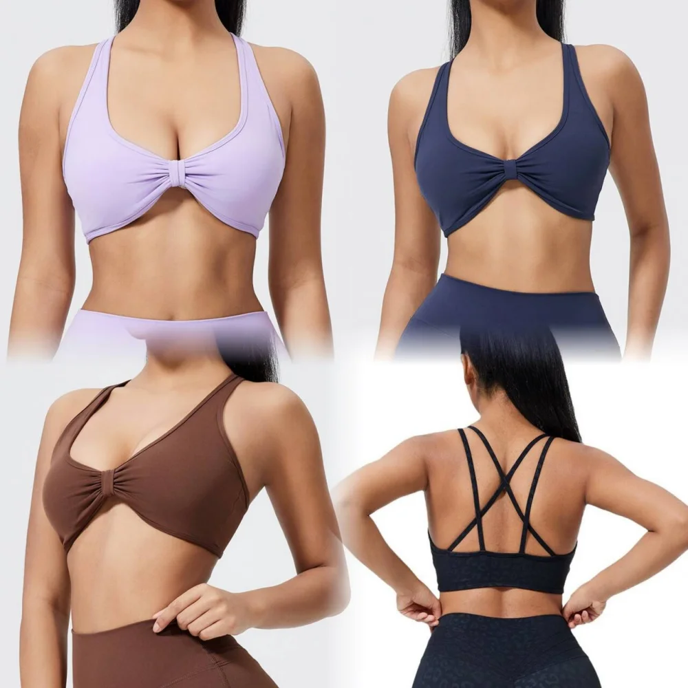 

Women's Yoga Sports Bra with Pleated Cross Back, Detachable Yoga Bra Bra,Gym Crop Top Stretchy Fitness Underwear