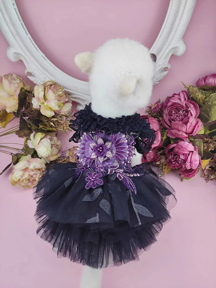 Handmade Dog Clothes Pet Supplies Black Lace Grape Purple Accessories Tulle Puffy Skirt Evening Party Festival Apparel Fur Baby