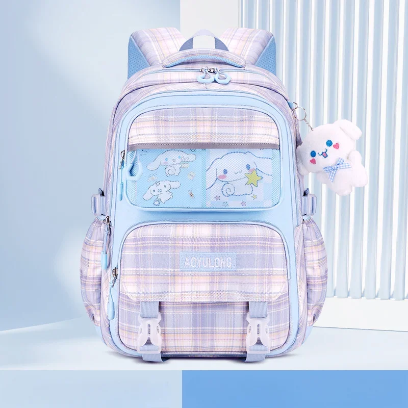 Sanrio Kulomi lindo bolso escolar divertido para niños Yugui perro simple a cuadros dulce impresión mochila de gran capacidad