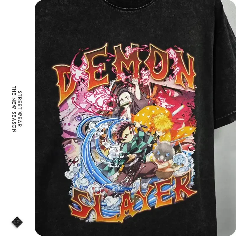 Bilibili Anime D-Demon S-Slayer T Shirts Vintage Washed T-shirt Oversized Short Sleeve Tanjirou Nezuko Rengoku Tops Tees Men