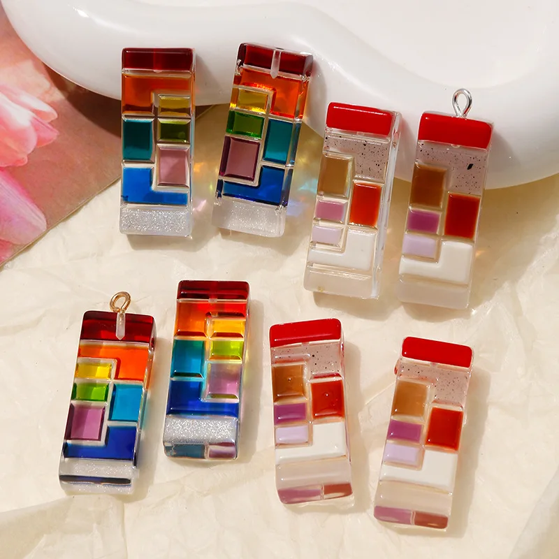 

DIY Jewelry Findings 15pcs 32*12mm Colorful Enamel Acrylic Rectangle Geometry Jewelry Beads Fit for Bracelet Necklace Pendants