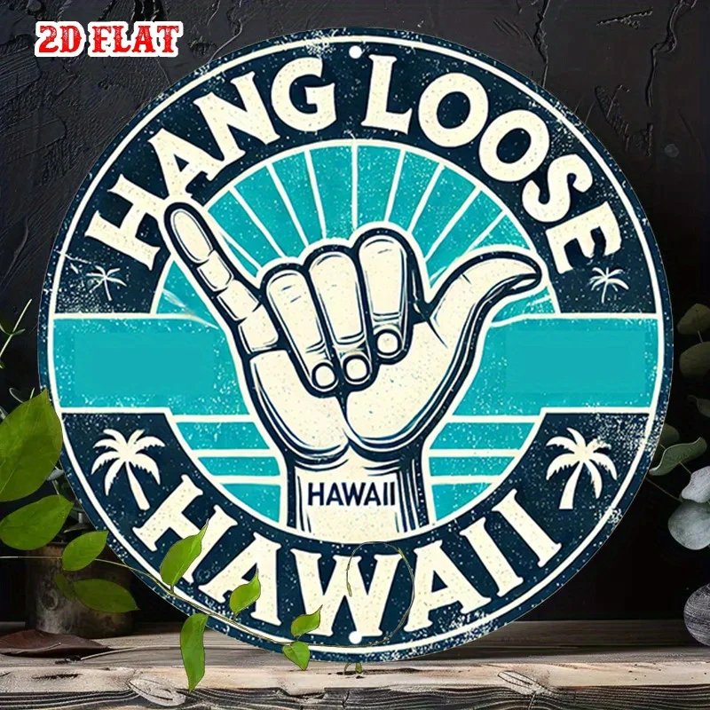2D Flat, 1pc Hawaii Rustic Round Aluminum Sign - 19.99cm Hand-Made Tin Wall Art with Palm Trees & Sunset Design