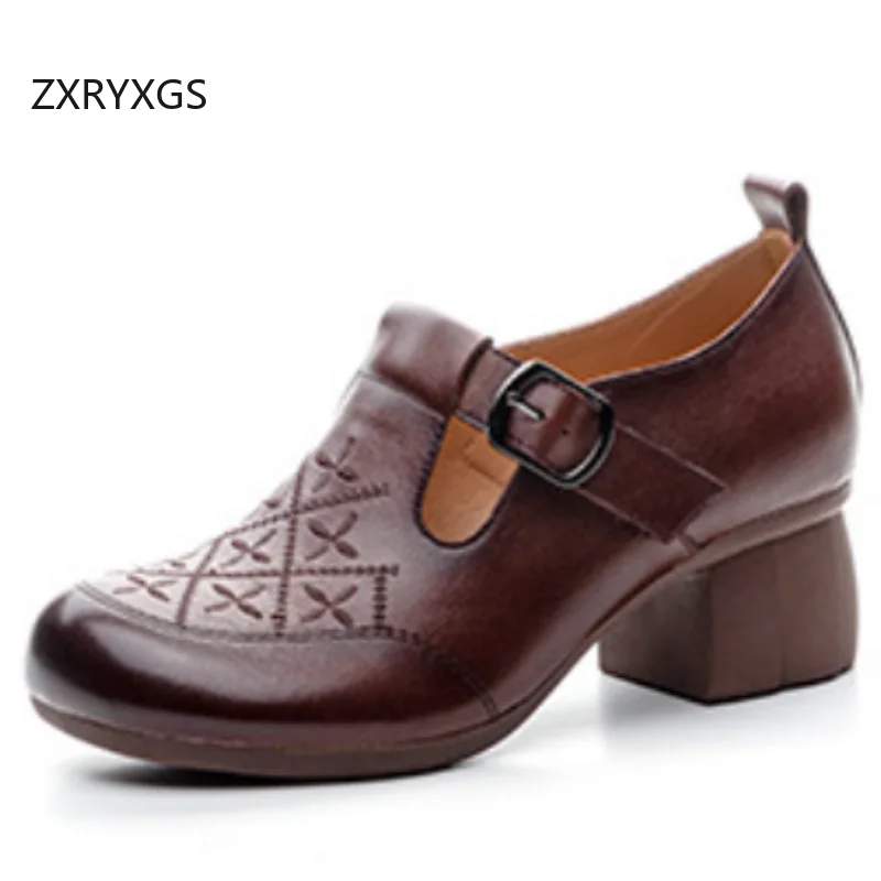 ZXRYXGS 2025 New Autumn Top Cowhide Embroidered Retro Deep Mouth Shoes Women Genuine Leather Shoes Thick Mid Heels Trendy Shoes