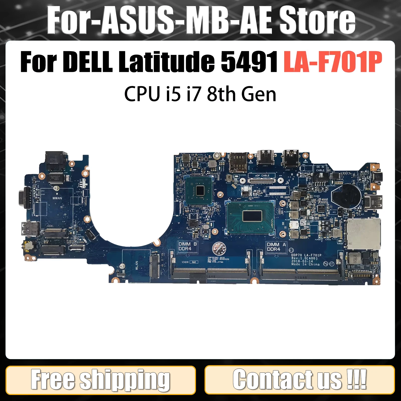 

DDP70 LA-F701P For Dell Latitude 5491 Laptop Mainboard 058YYD 04HYMM 061FGF CPU i5 i7 8th Gen Notebook Motherboard Tested