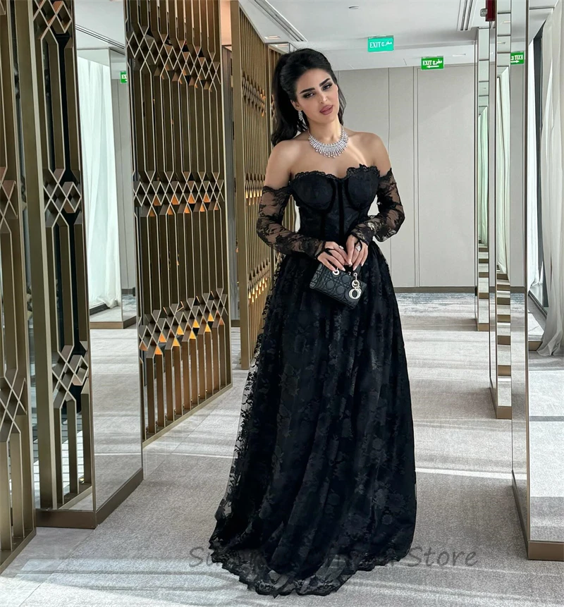 SUMNUS Sexy Black Lace Arabic Prom Gowns for Women Long A-Line Dubai Celebrity Evening Dresses for Party Off Shoulder Custom