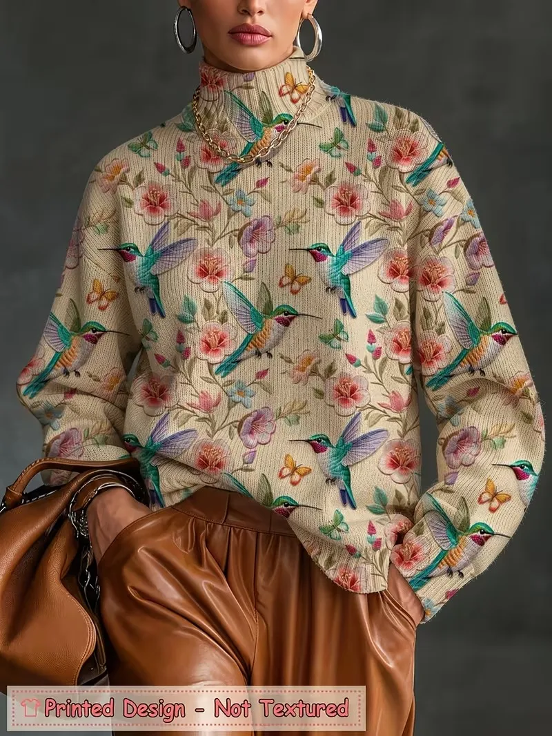 Women's Turtleneck Knit Sweatshirt Vintage Hummingbird Floral Print Long Sleeve Pullover Autumn Winter Casual Loose Fit Tops Tee