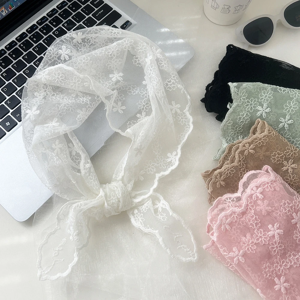 Lace Mesh Headscarf Girls Triangle Scarf Spring Sweet Hair Tie Woman Flower Neck Scarf Vintage Sunscreen Picnic Headscarf