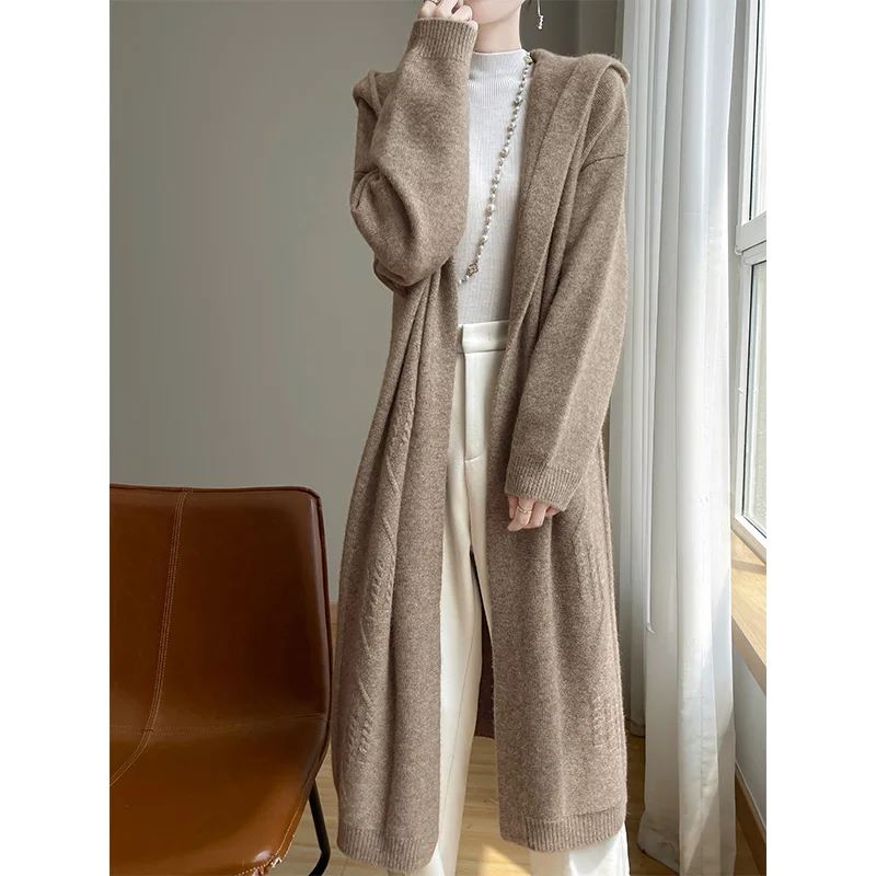 

Women Open Cardigans With Hat 100% Autralian Wool Knitting Coat Plus Long Knitwears Free Ship