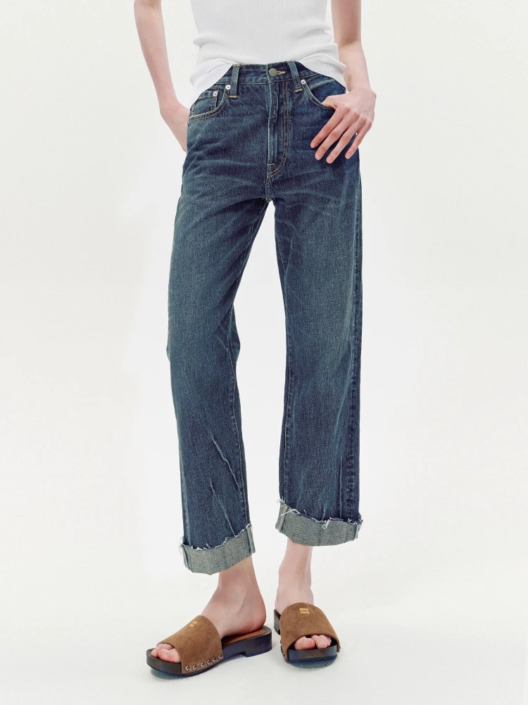 

Джинсы Hua Ji Yan Colosseum из специальной текстурированной ткани, со средней посадкой, прямые, женские, для повседневной носки, облегающие, с микроэластаном