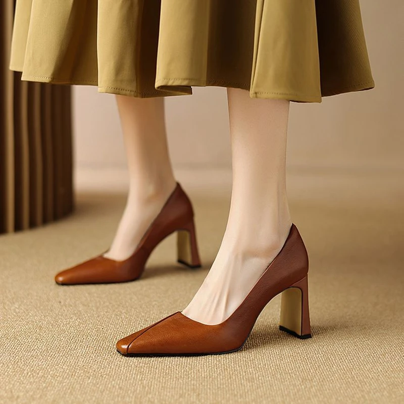 NEW Spring/Autumn Women Pumps Split Leather Shoes for Women Square Toe High Heel Shoes Concise Soft Shallow Slip-on Modern Shoes