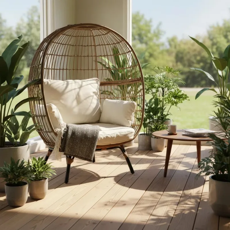 High-quality outdoor wicker rattan egg chair with cushion terrace standing beach lounger
