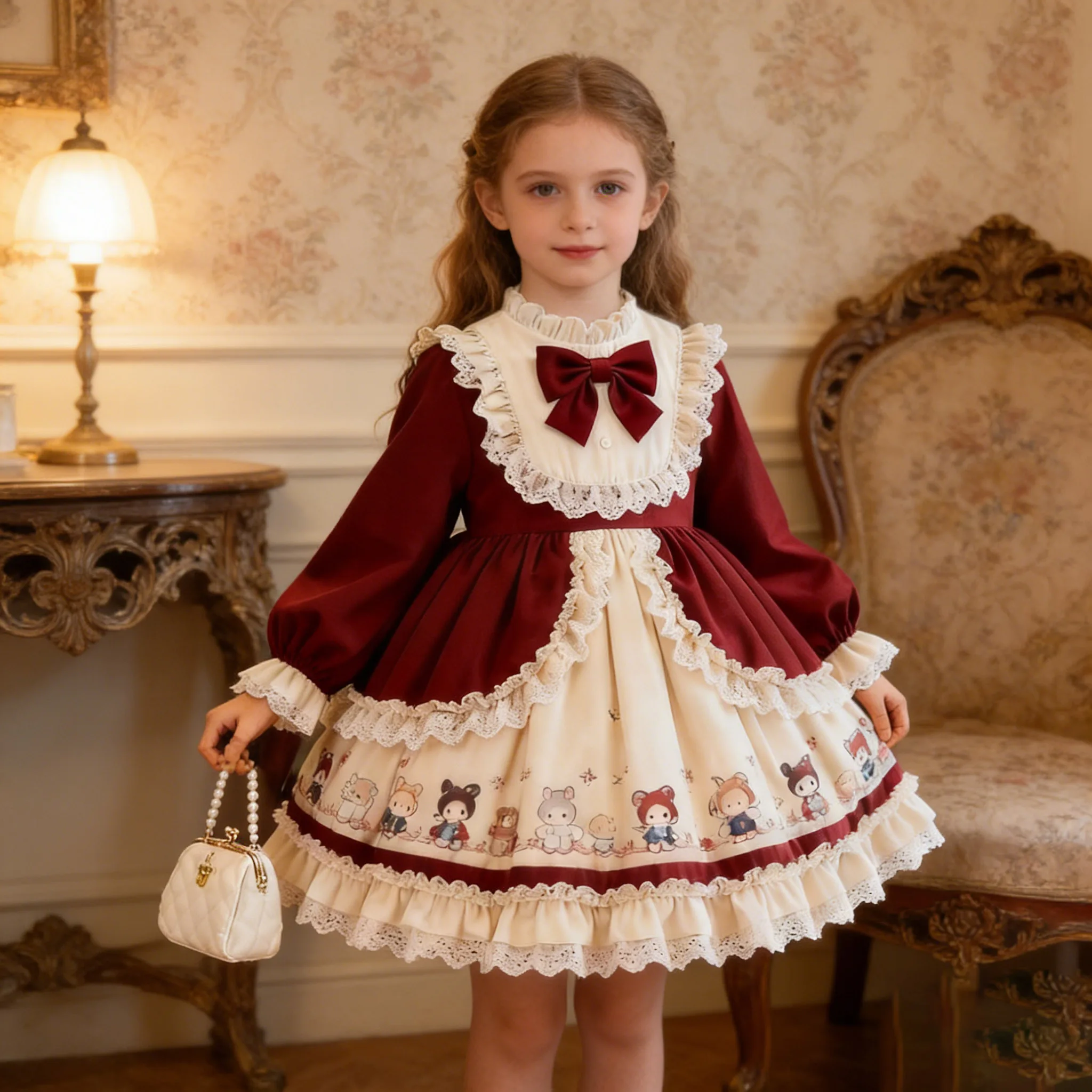 newyear clothes Lolita lace princess dress Children's Princess Evening Gown Fashionable Printed Ruffle Party Girls Dresses