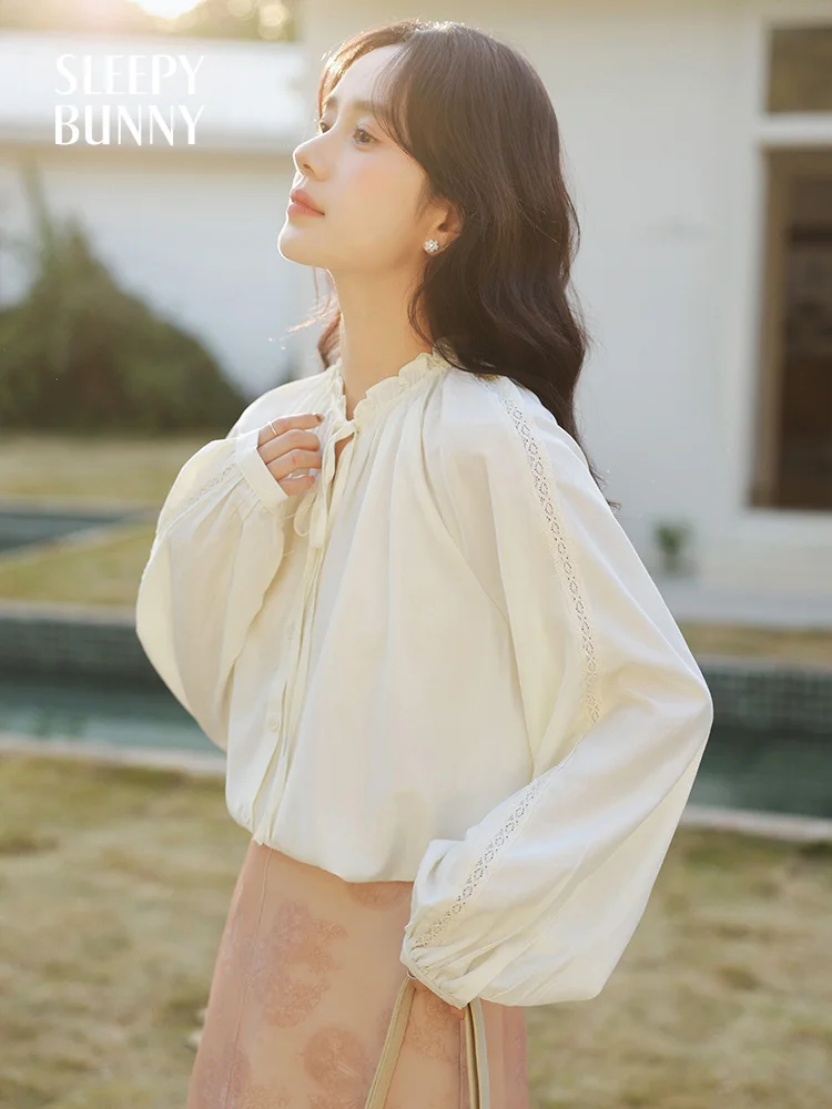 Elegant French Style White Long Sleeve Blouse for Women Spring Ruffled Stand Collar Loose Fit Button-Up Shirt with Lace Trim