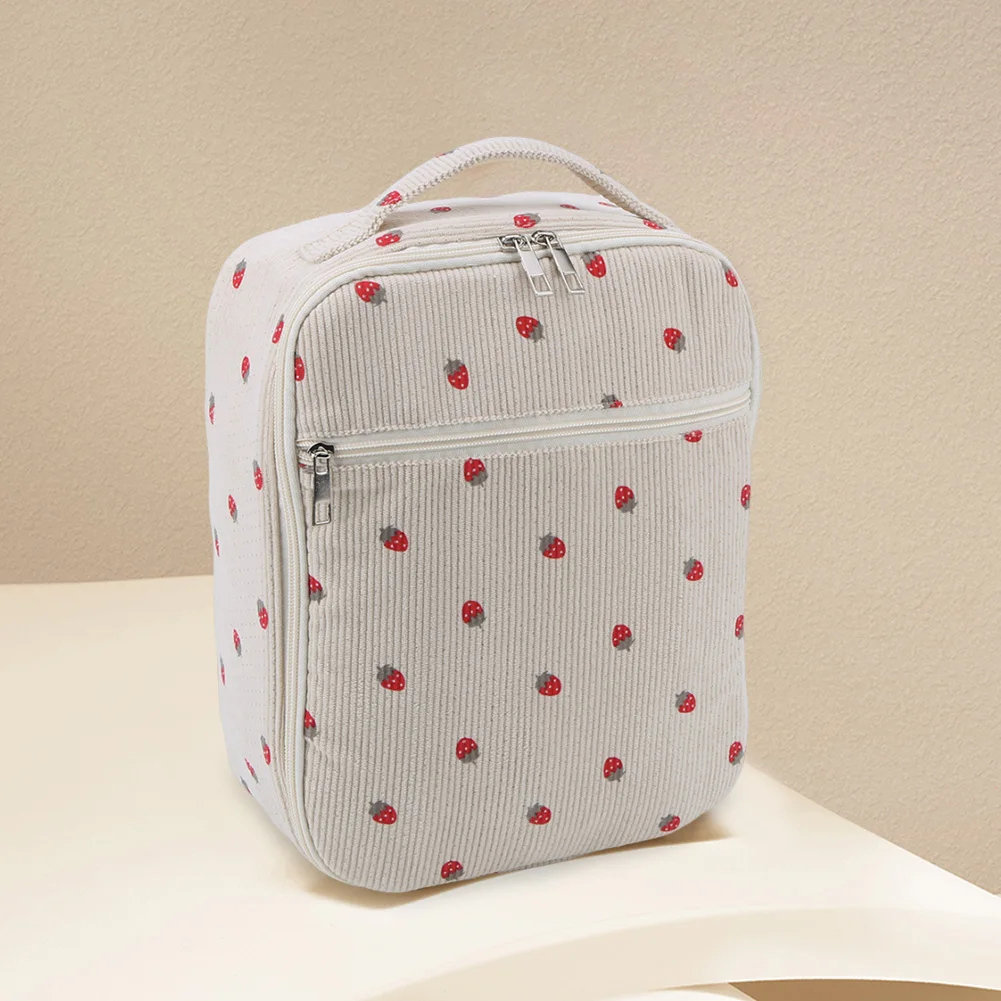 

Lunch Tote Bag for Women Corduroy Insulated Lunch Box Leakproof Lunch Tote Handbag Strawberry for Travel Picnic