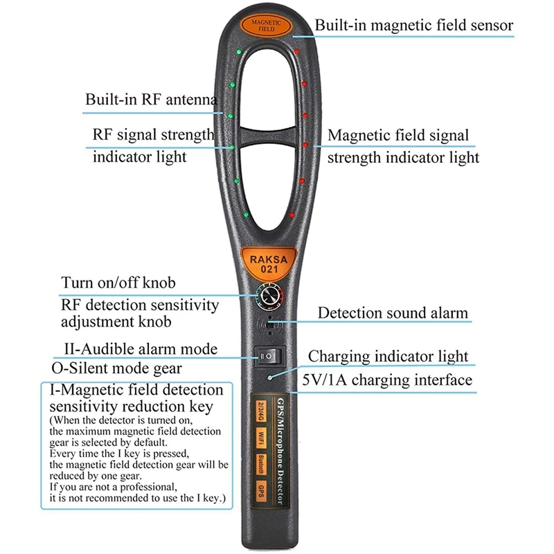 Raksa 021 handheld varredor de segurança sem fio do carro gps sinal detector para detectar sem fio rf sinal e ímã detector