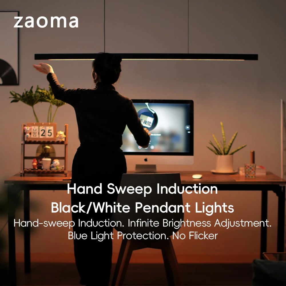 Wood Pendant Lights Minimalist Hand Sweep Sensor Pendant Light Black/White LED Wood Hand Scan Hanging Lamps for Office Kitchen