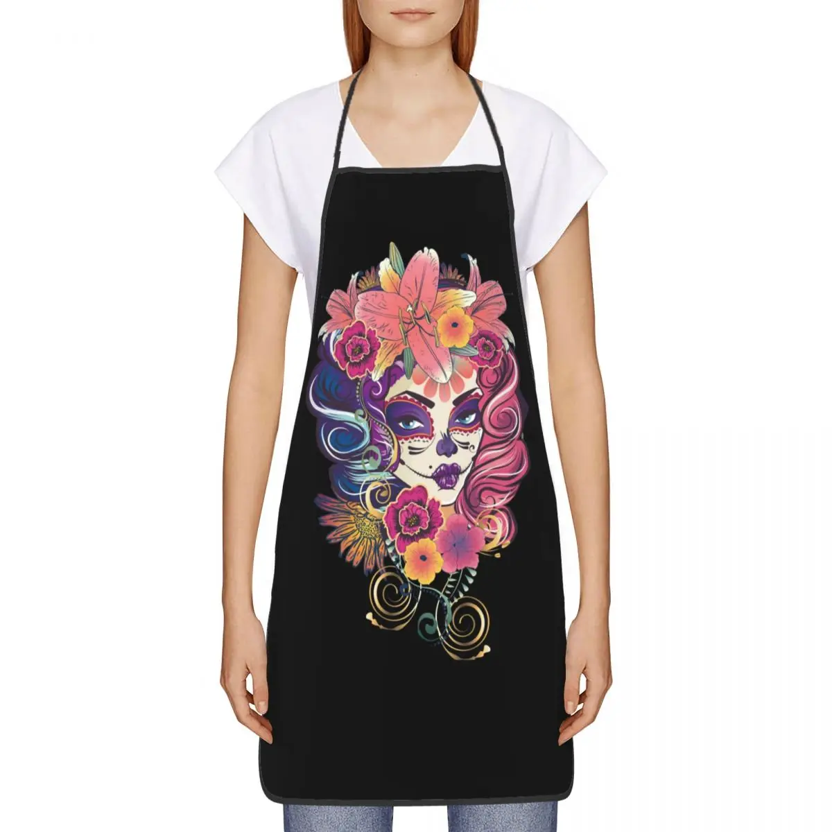 Calavera Girl With Flowers Sugar Skull Apron Adult Women Men Chef Tablier Cuisine for Cooking Kitchen Day Of The Dead Gardening