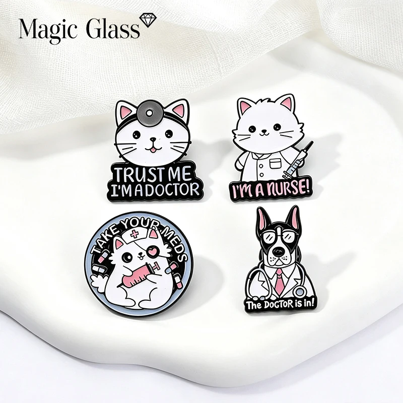 New Cute Cat Doctor Nurse Cartoon Enamel Brooch Badge Jewelry For Bag Clothing Backpack Party