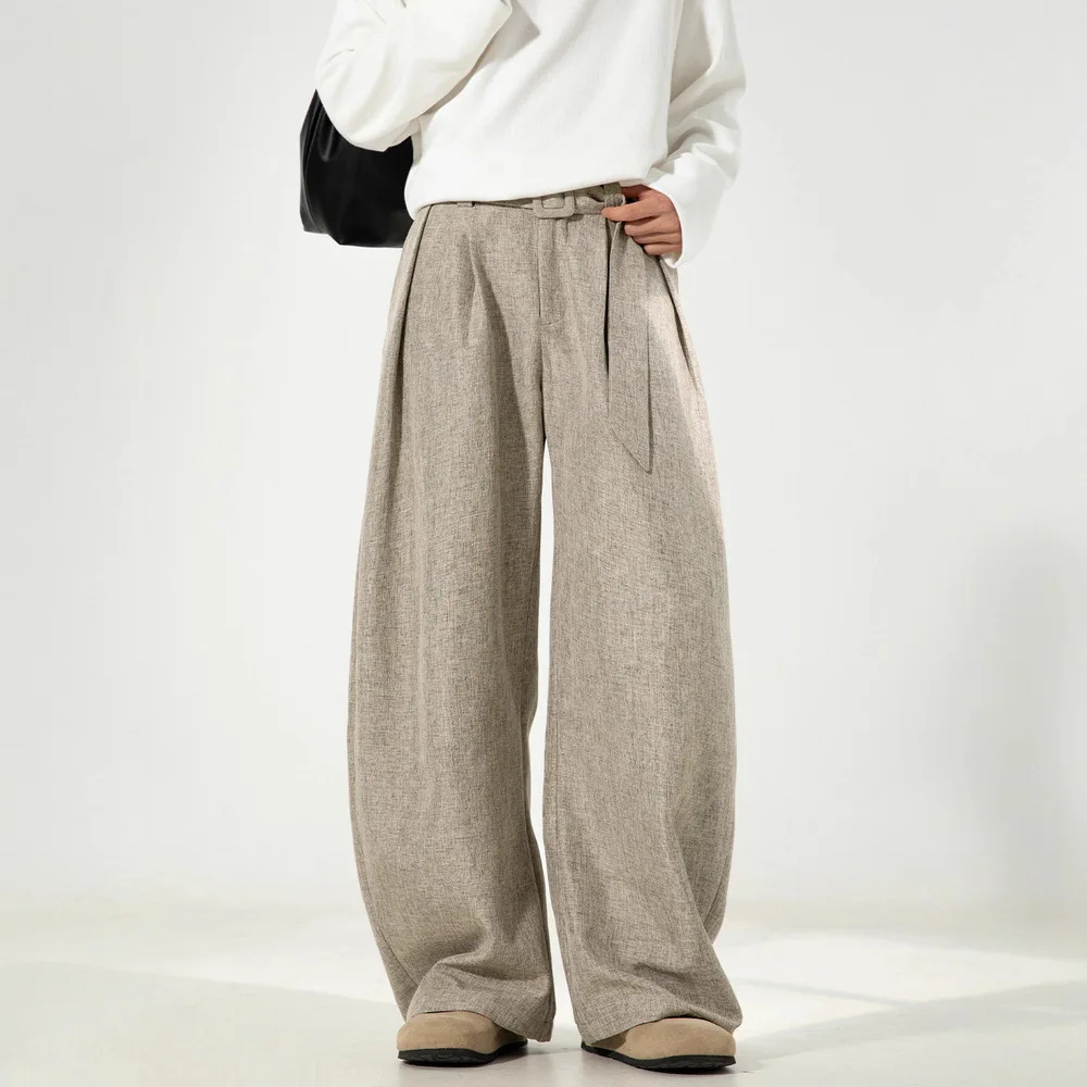 

American Style Men's Suit Trousers Pleated Design Wide Leg Solid Color Button Pants Casual Bottom Straight Women Male Pants