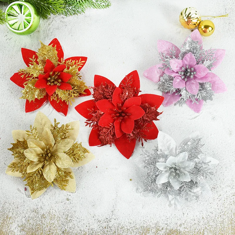 

5Pcs Glitter Gold RedChristmas Artificial Flowers Christmas Tree Hanging Ornaments For Home New Year Party Decor Navidad Gift