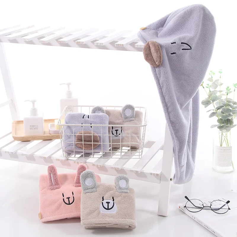 350gsm Dry Hair Towel High Density Coral Fleece Hair Drying Cap Cartoon Embroidery Super Absorbent Bath Cap Head Wrap