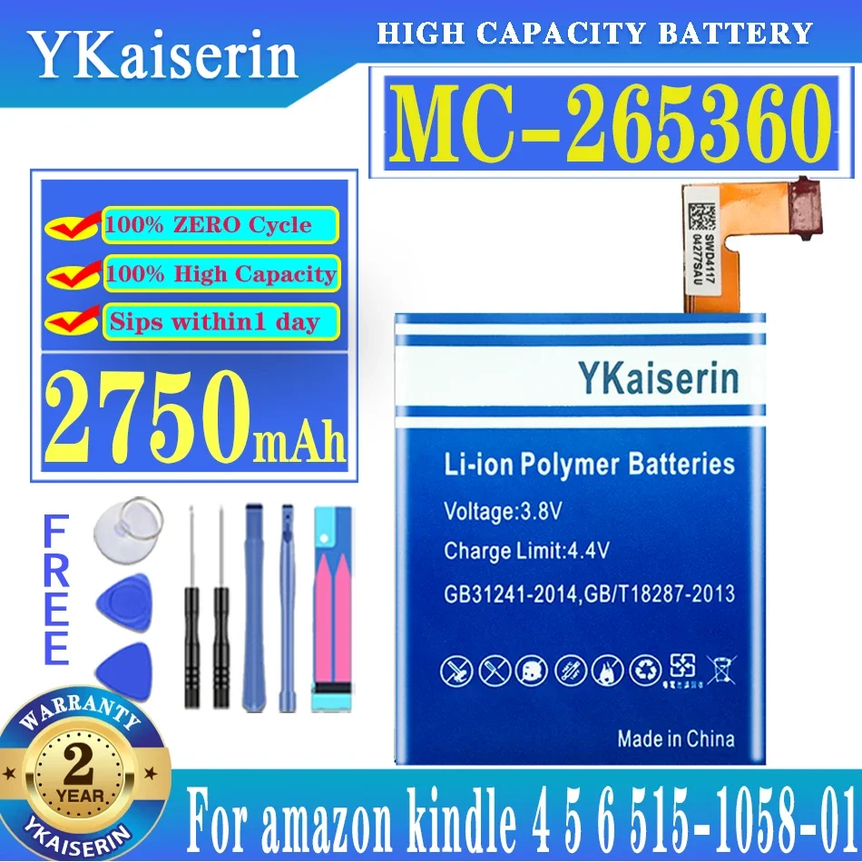 

YKaiserin 2750mAh MC-265360 Battery For Amazon Kindle 4 5 6 515-1058-01 D01100 S2011-001-S DR-A015 Built-in Battery + Tools