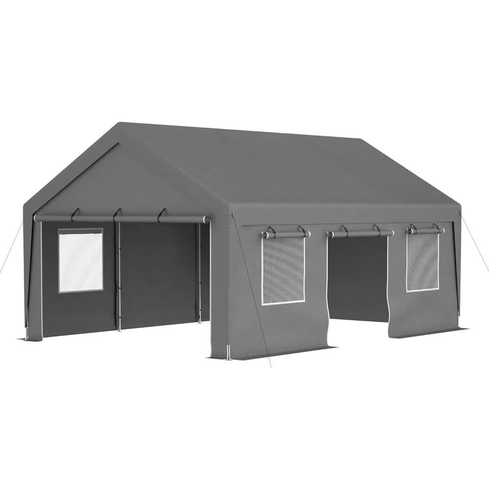 

Carport 13x20ft Портативный гаражный автомобильный навес Сверхмощный автомобильный порт с сетчатыми окнами и съемными боковыми стенками УФ-стойкий Водонепроницаемый